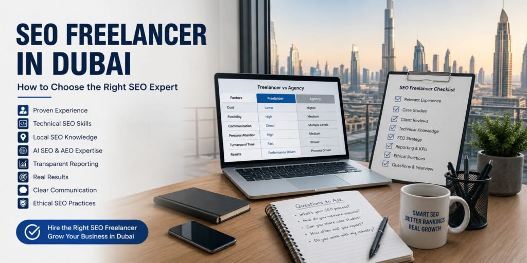 Business owner in Dubai reviewing an SEO freelancer evaluation checklist