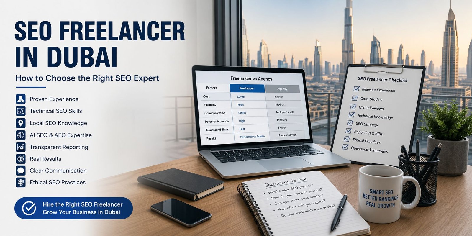 Business owner in Dubai reviewing an SEO freelancer evaluation checklist