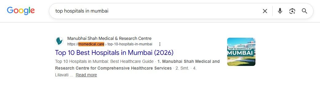 Healthcare website appearing in Google search results for top hospitals in Mumbai